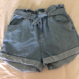 Paper bag style, high waisted denim shorts